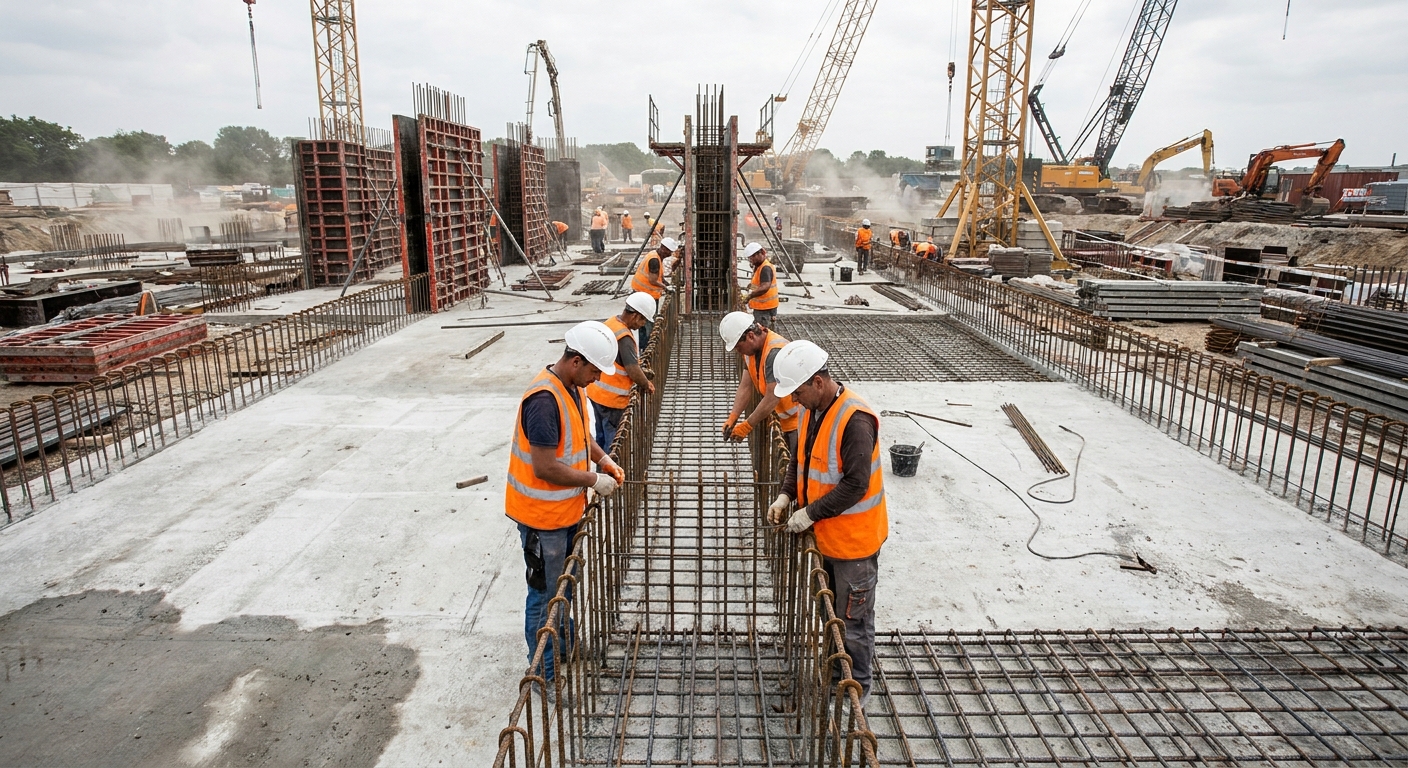 Bauarbeiter auf einer Baustelle bei Stahlbetonarbeiten